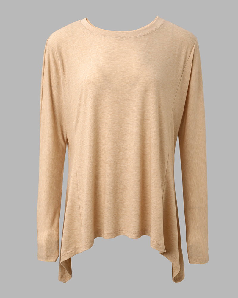 Women's Asymmetric Hem Long Sleeve Top Loose Fit Dropped Shoulder Crewneck Soft Slouchy Casual Tee