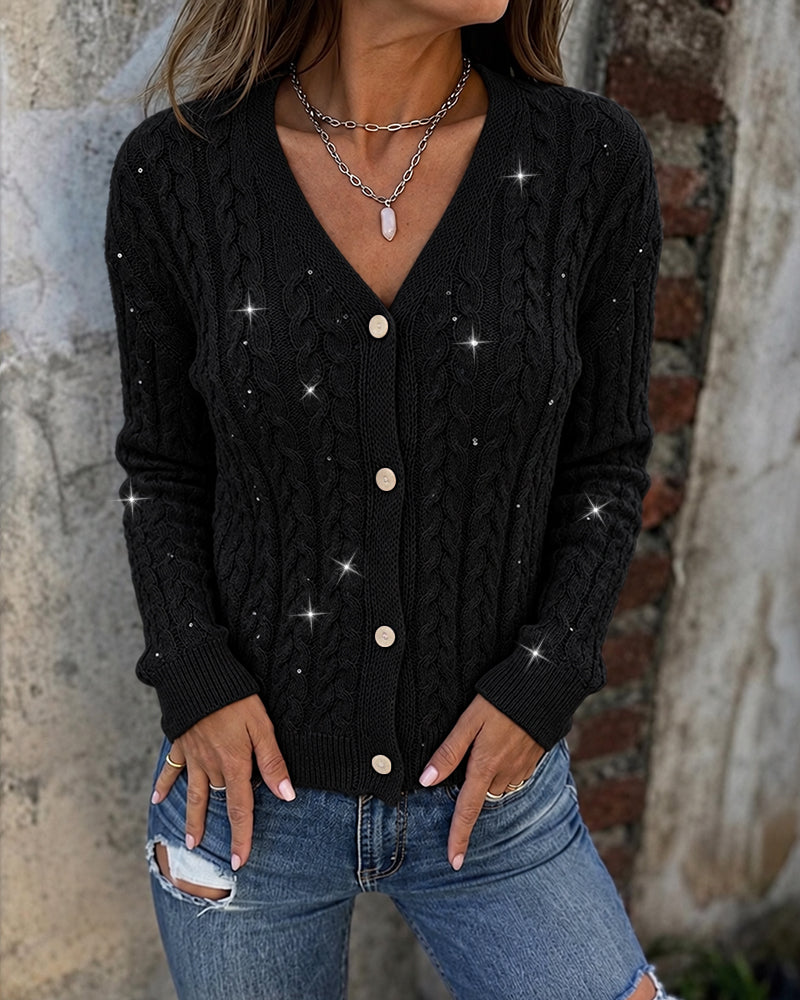 Women's Sequin Cable Knit Cardigan V Neck Button Down Slim Fit Long Sleeve Sweater