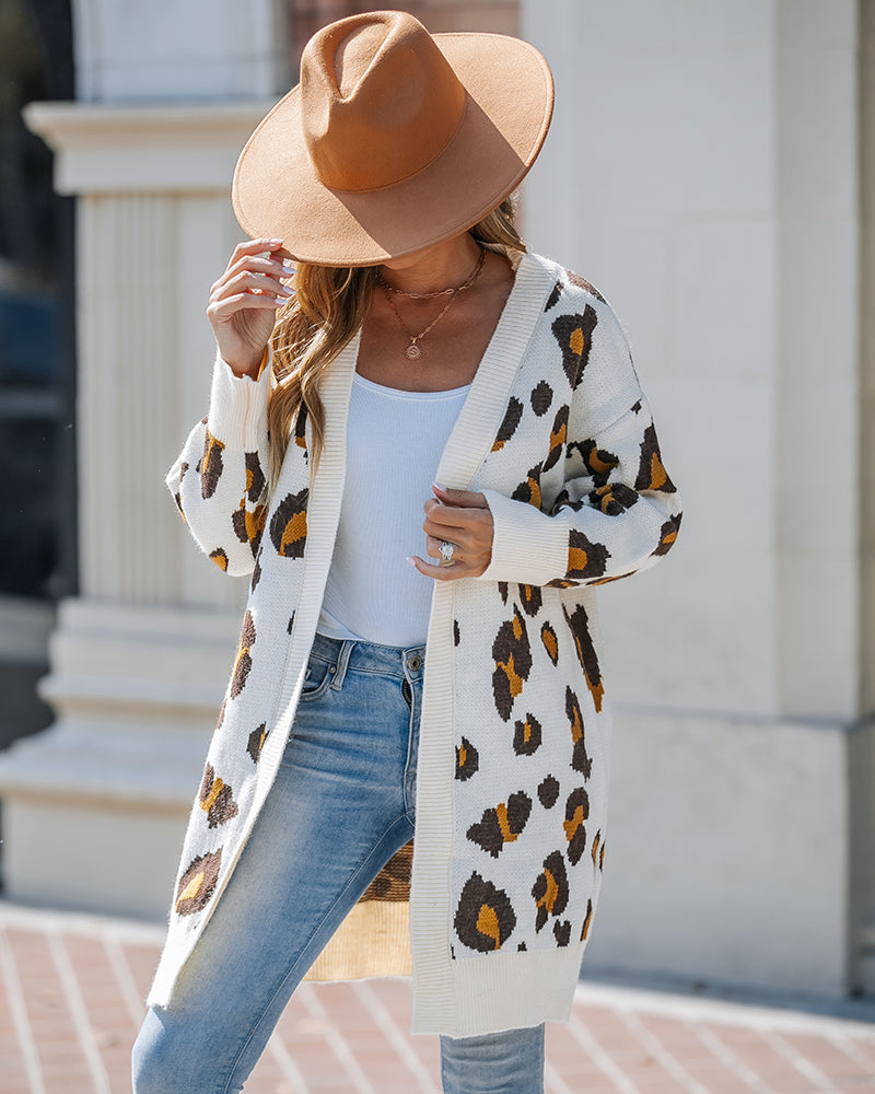 Women's Leopard Pattern Open Front Mid-length Knit Cardigan Sweater Coat
