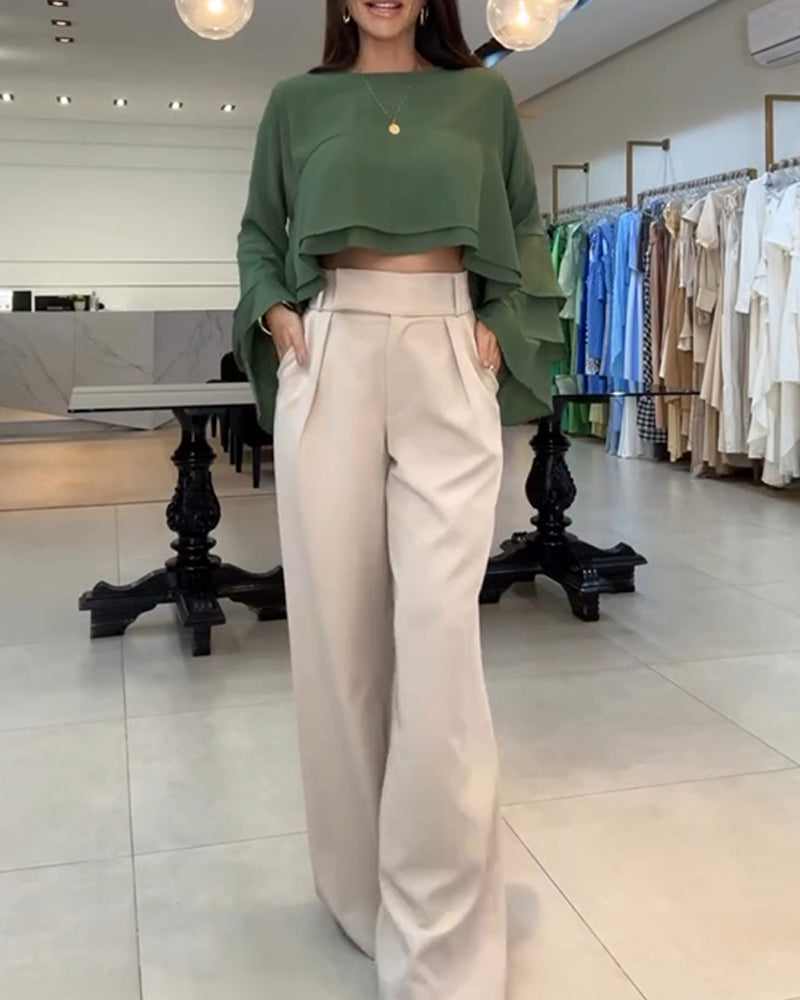 Round Neck Bell Sleeve Crop Top Casual Loose Fit Layered Blouse