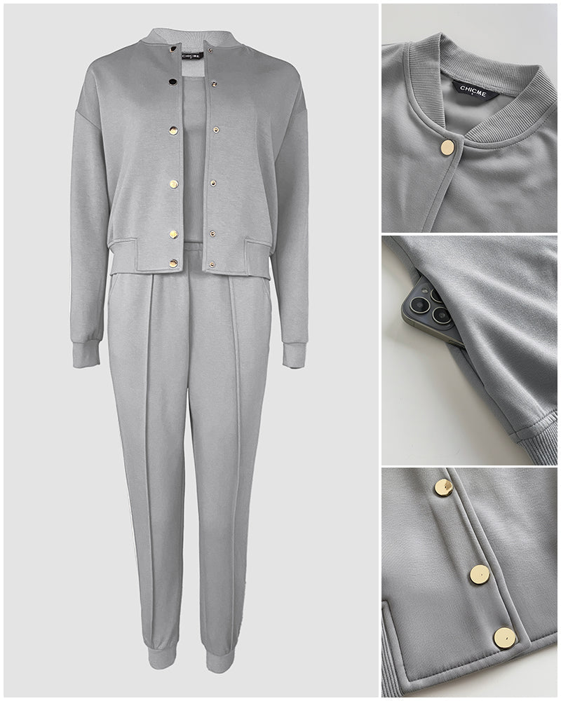 3 Pieces Outfit Snap Buttons Front Coat and Elastic Waist Seam Front Stretchy Cuffs Pants Set with Tank Top Casual Contrast Side Striped Tracksuit