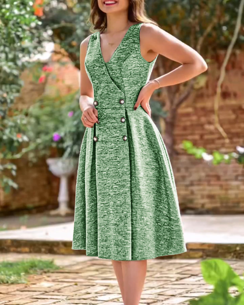 V-Neck Sleeveless Double Breasted Decor A Line Party Dress Causal Ziper Back Peplum Hem Commuting Dress