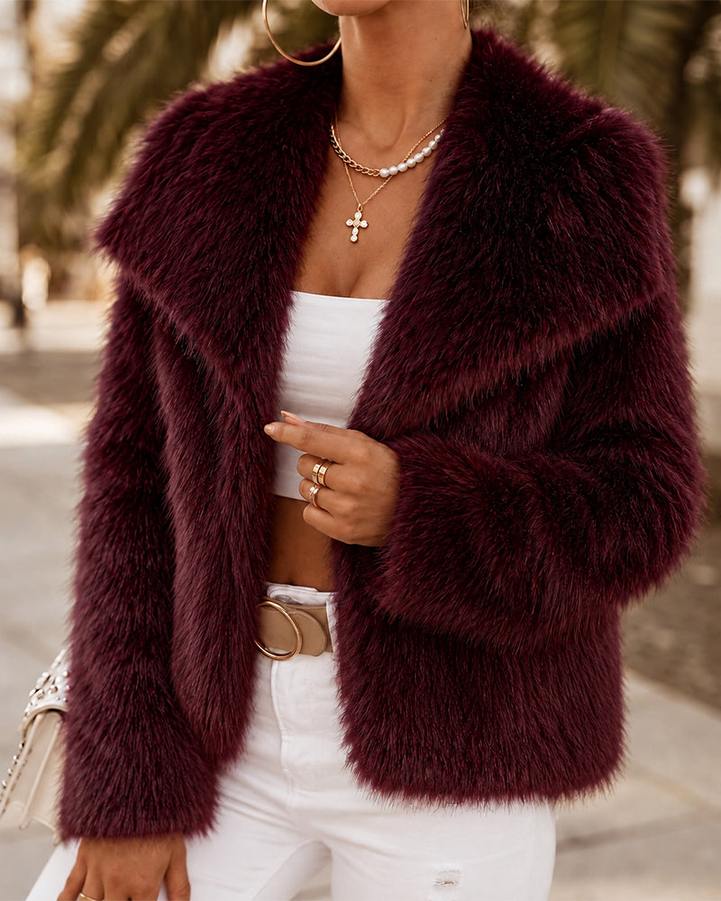 Women's Wide Lapel Cropped Faux Fur Fluffy Coat