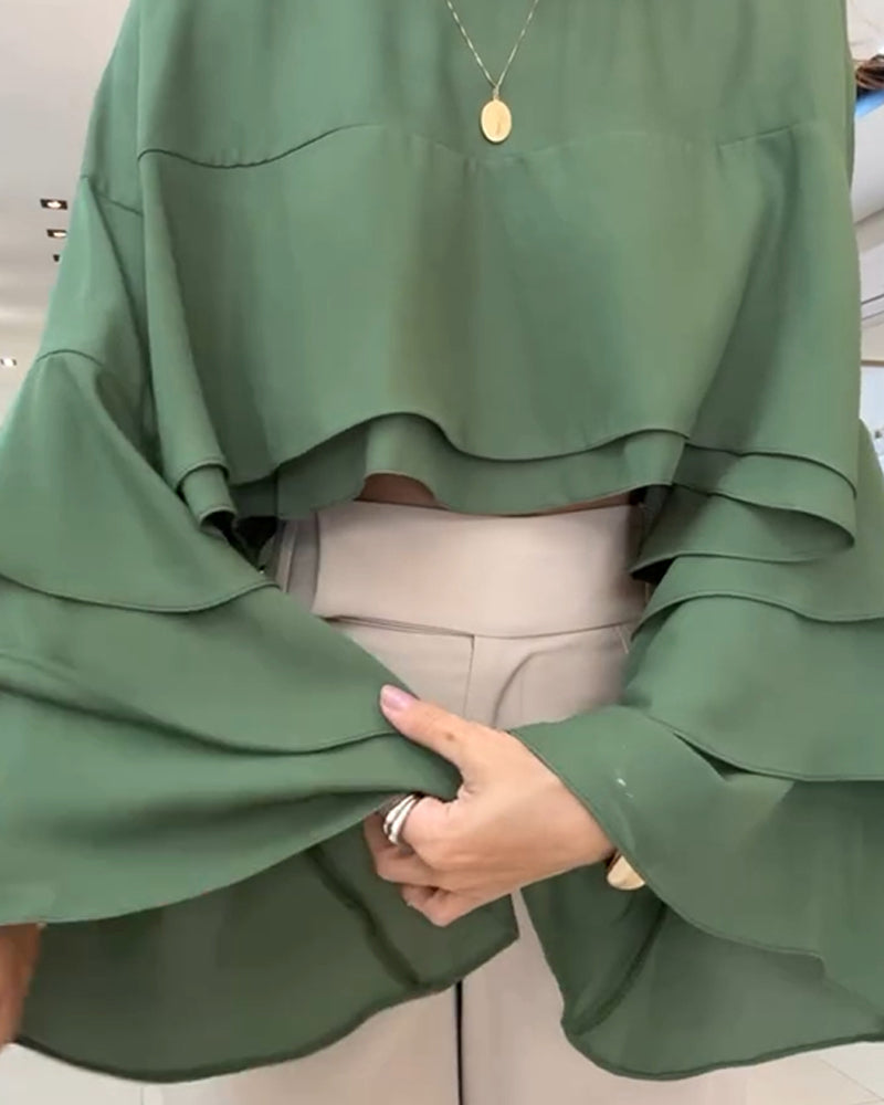 Round Neck Bell Sleeve Crop Top Casual Loose Fit Layered Blouse
