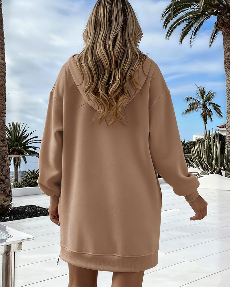 Long Sleeve Kangaroo Pocket Design Zipper Side Pullover Sweatshirt Casual Faux Two Piece Side Slit Longline Drawstring Hoodie Top