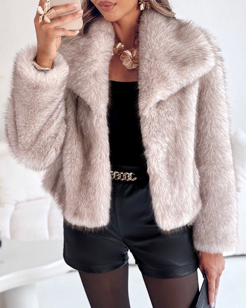 Turn-down Collar Long Sleeve Faux Fur Coat Jacket Casual Warm Fluffy Cropped Coat