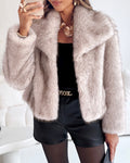 Turn-down Collar Long Sleeve Faux Fur Coat Jacket Casual Warm Fluffy Cropped Coat