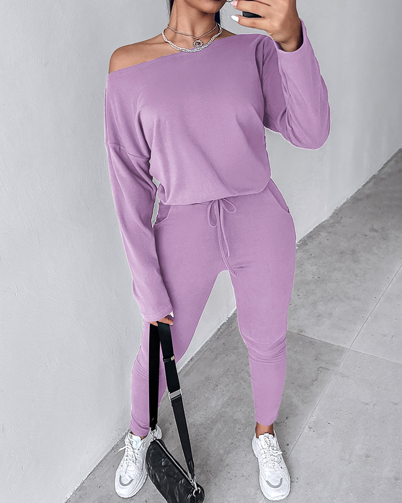 2 Pieces Outfit Long Sleeve Skew Neck Pullover Top and Drawstring Elastic Waist Slim Fit Pants Set