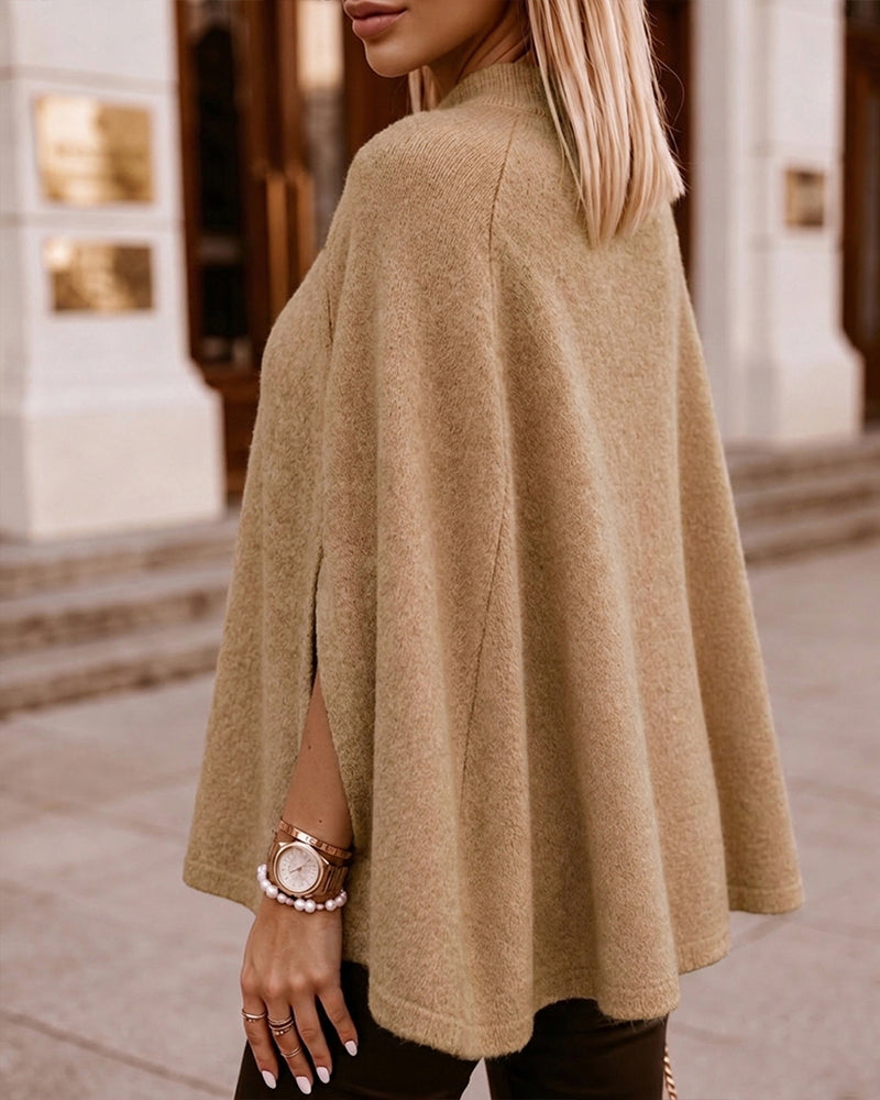 Women's Mock Neck Cape Knit Sweater Loose Old Money Style Pullover Side Slit Batwing Sleeve Winter Warm Cozy Top