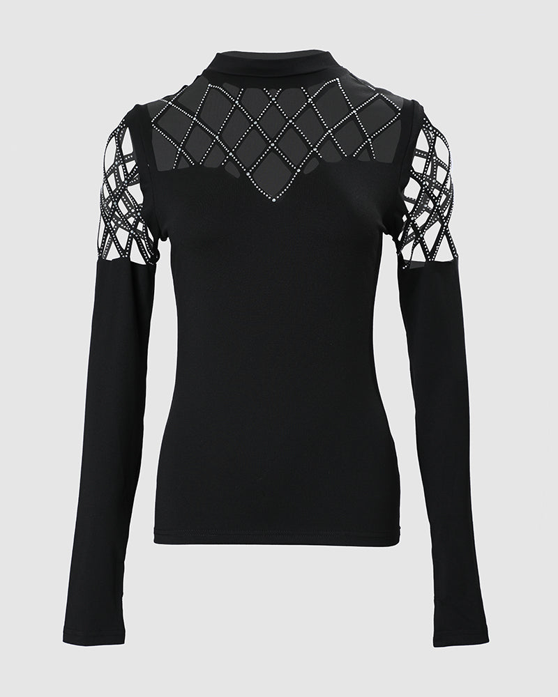 Rhinestone Hollow Out Cold Shoulder Long Sleeve Top Casual Tee