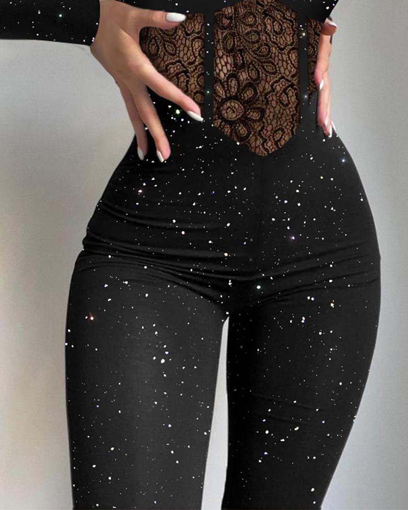Glitter Cold Shoulder Adjustable Spaghetti Straps Lace Spliced Overalls Slim Fit Zipper Back Corset Jumpsuit