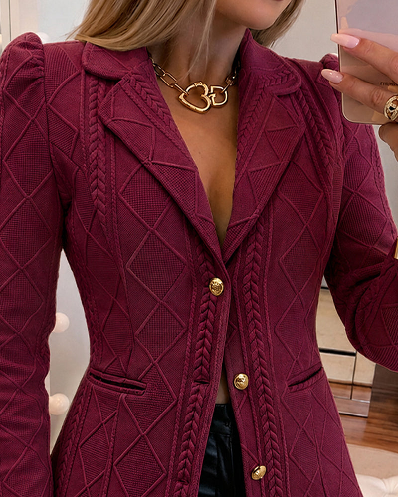 Women's Elegant Argyle Textured Blazer Slim Fit Puff Sleeve Suit Jacket Gold Button Work Office Commuter Blazer with Pockets