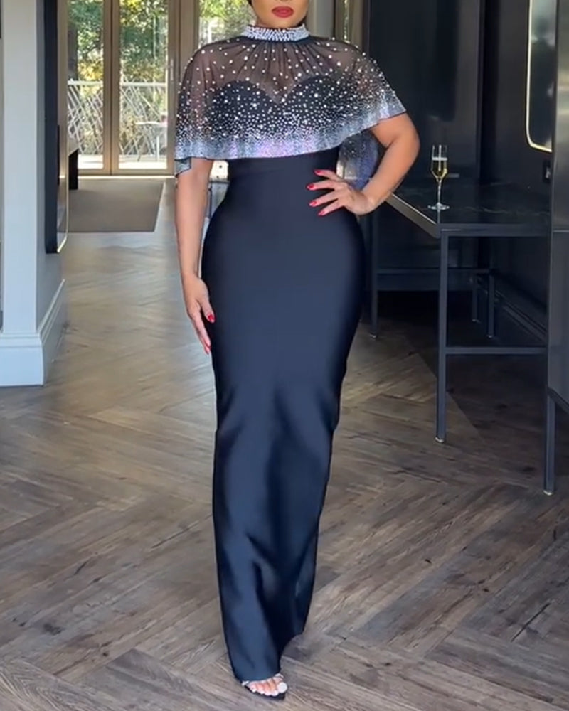 2 Pieces Outfit Detachable & Adjustable Spaghetti Straps Zipper Back Slit Slim Fit Maxi Dress and Rhinestone & Pearls Decor High Neck Zipper Back Sheer Mesh Poncho Cape