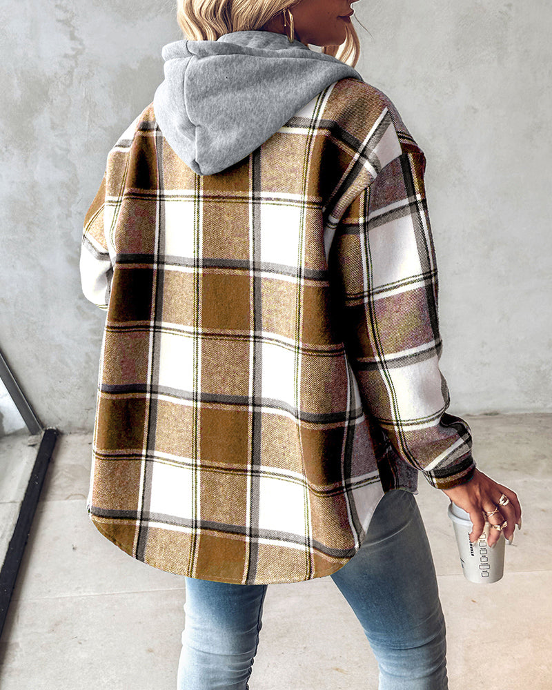 Karierte Langarm-Hemdjacke mit Knopfleiste, fleecegefütterte Kapuzenjacke, warmer Mantel