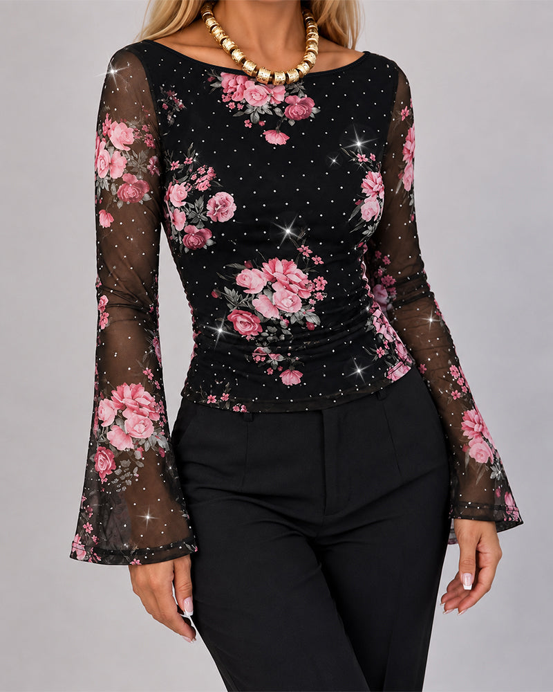 Women's Floral Rhinestone Sheer Mesh Boat Neck Ruched Flare Sleeve Top