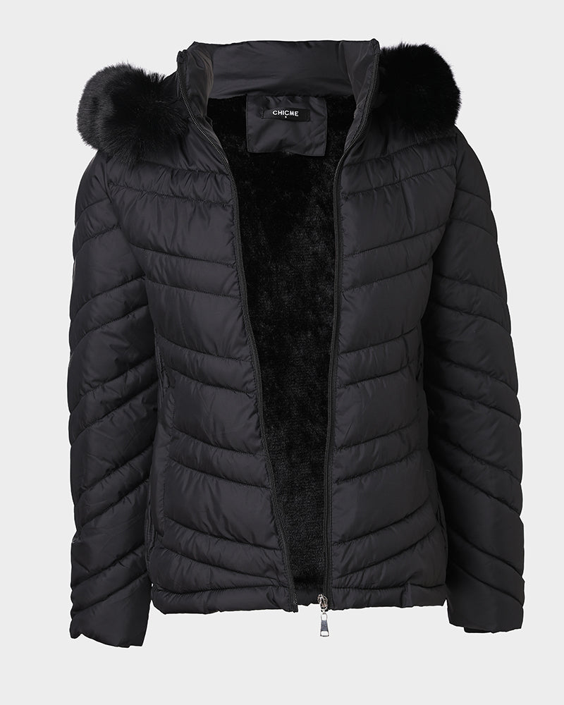 Zipper Pocket Design Shirred Fuzzy Trim Fleece Lined Hooded Puffer Jacket