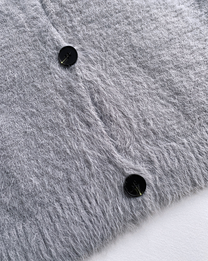 V-Neck Single Breasted Fuzzy Cardigan Casual Minimalist Sweater Coat