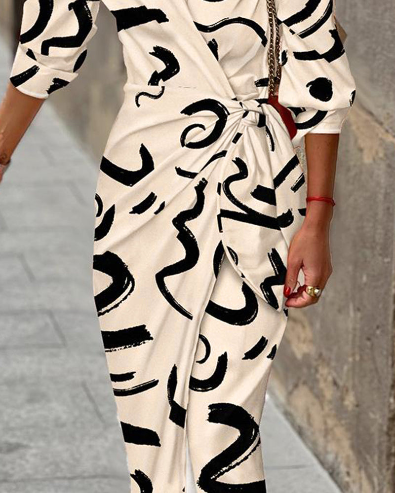 Abstract Print Turn-down Collar Tied Detail Ruched Dress Casual Wrap Front Vacation Dress