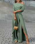 2 Pieces Outfit Cold Shoulder Ruched Batwing Sleeve Top and Casual Elastic Back Wrapped Slit Wide Leg Pants Set