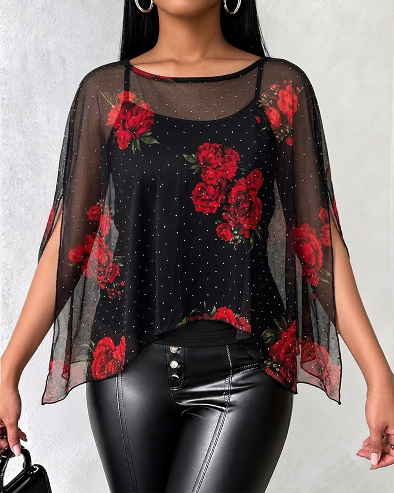 Women's 2 Piece Set Floral Print Rhinestone Sheer Mesh Loose Cape with Cami Top