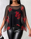 Women's 2 Piece Set Floral Print Rhinestone Sheer Mesh Loose Cape with Cami Top