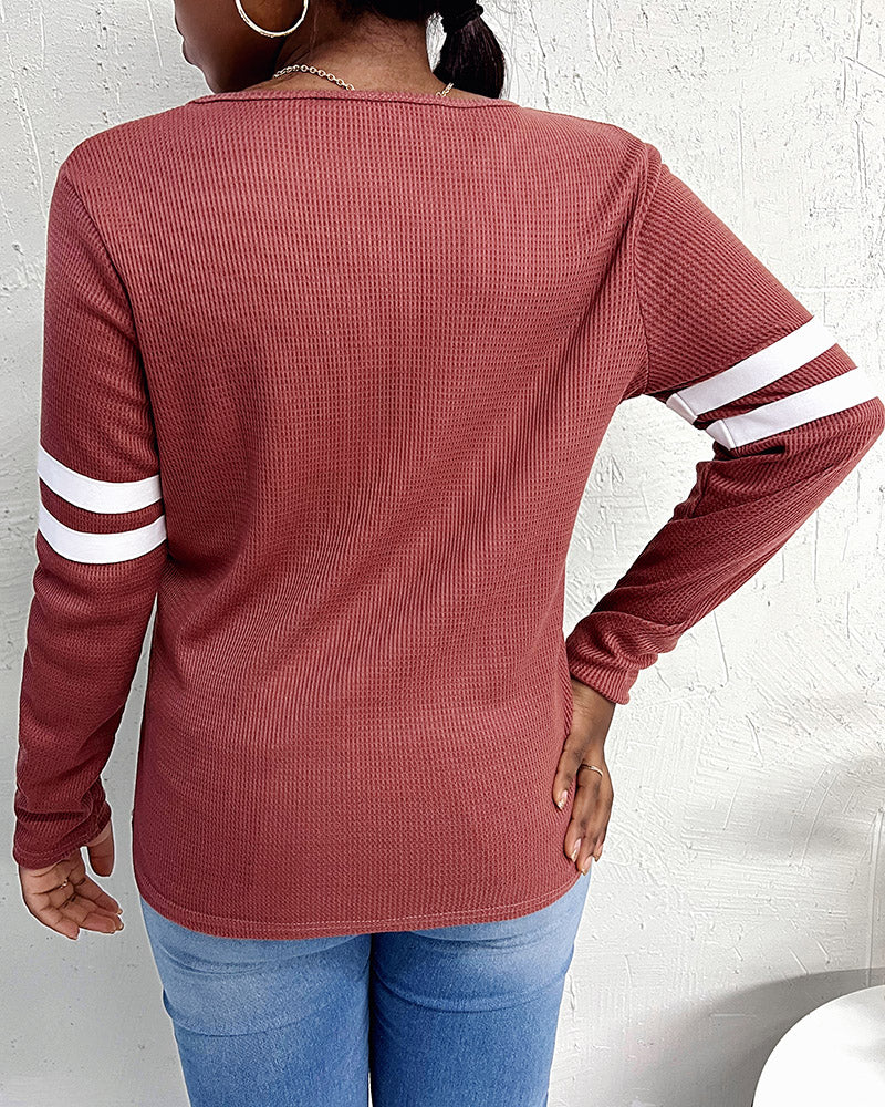 Striped Print Zipper Front Long Sleeve Top  Waffle Knit Loose Fitting Tunic Tops