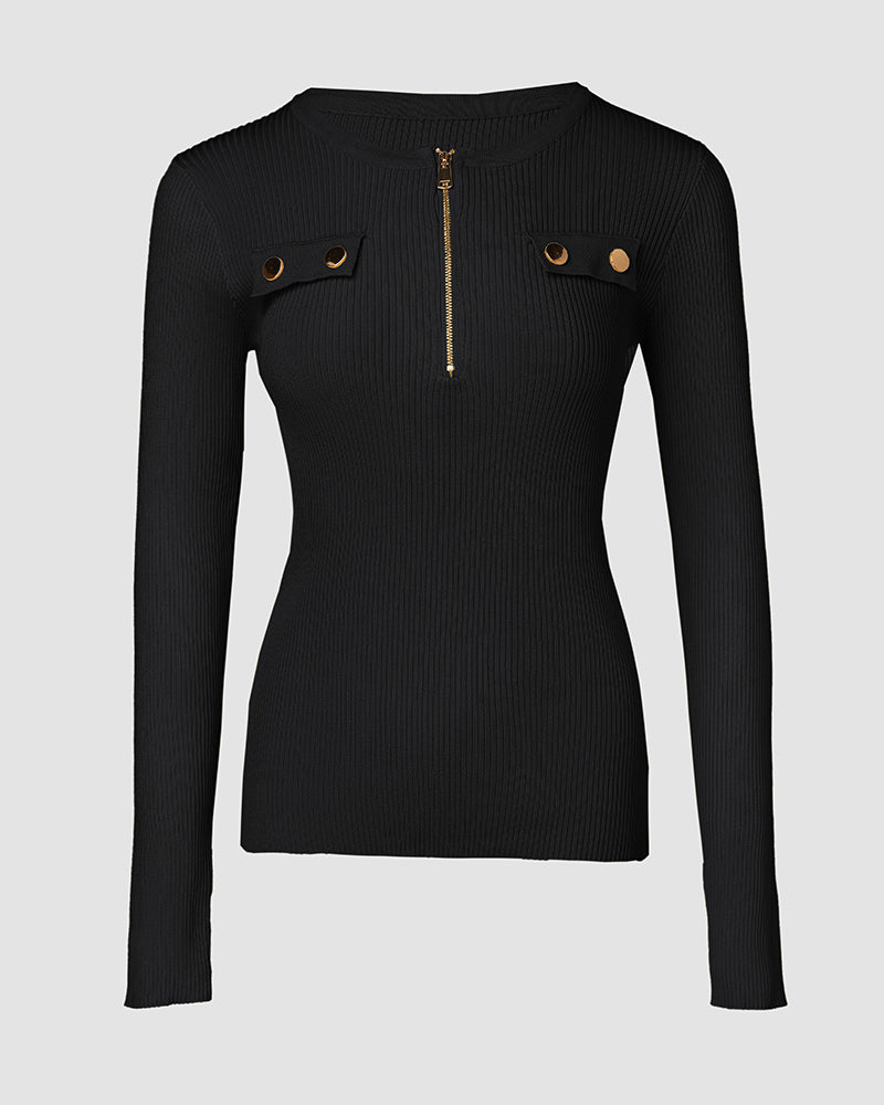 Crewneck Half Zipper Flap Detail Knit Sweater Long Sleeve Slim Fit Ribbed Pullover Top