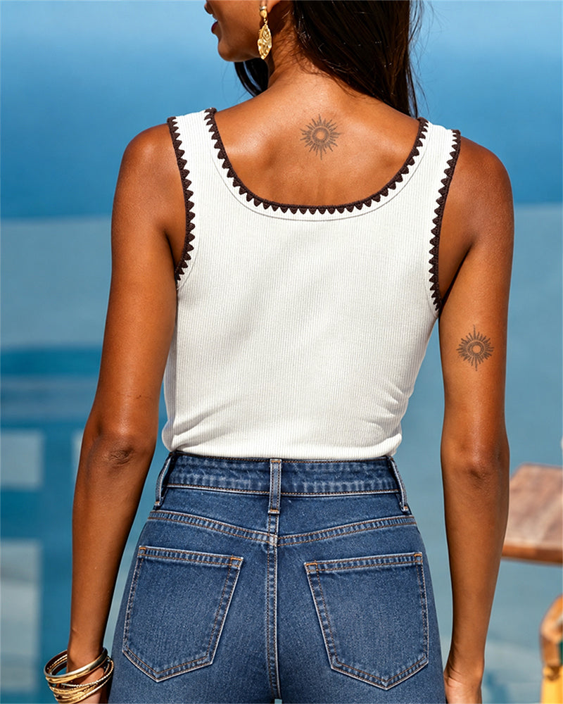 Women's Contrast Crochet Trim U-Neck Ribbed Slim Fit Tank Top