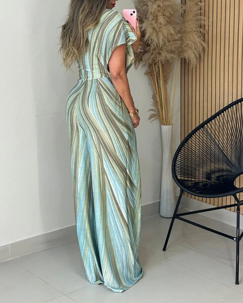 Colorblock Abstract Print One Shoulder Short Sleeve Zipper Side Overalls Casual Asymmetrical Wrap Design Wide Leg Jumpsuit