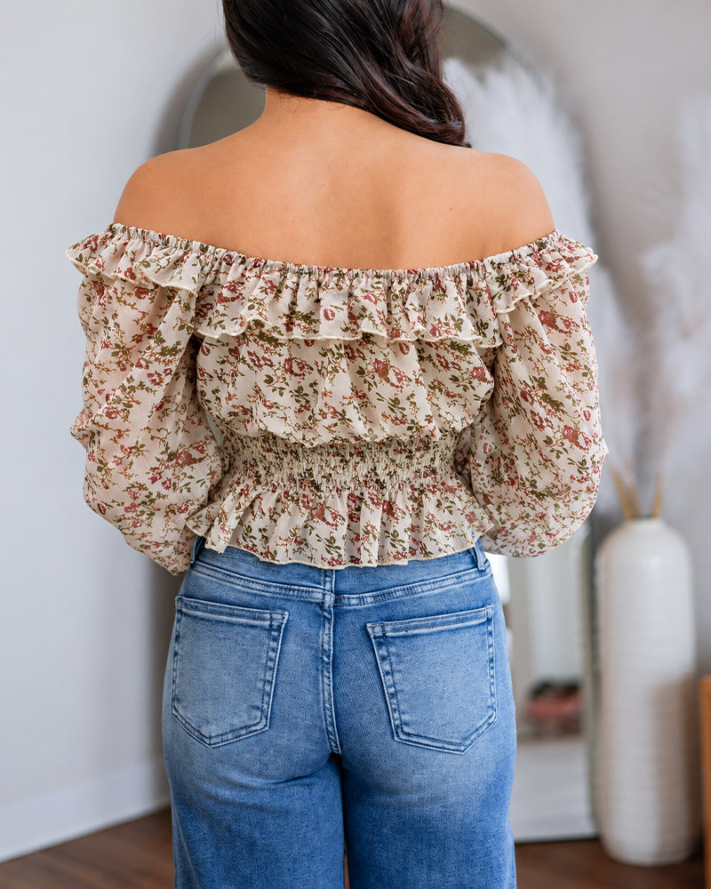 Women's Ditsy Floral Chiffon Off Shoulder Tie Front Shirred Peplum Top