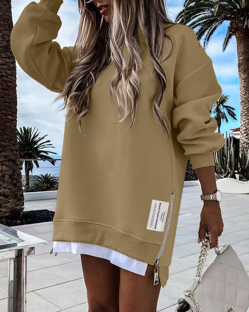 Letter Patch Detail Long Sleeve Drop Shoulder Pullover Sweatshirt Casual Zipper Side Slit Top