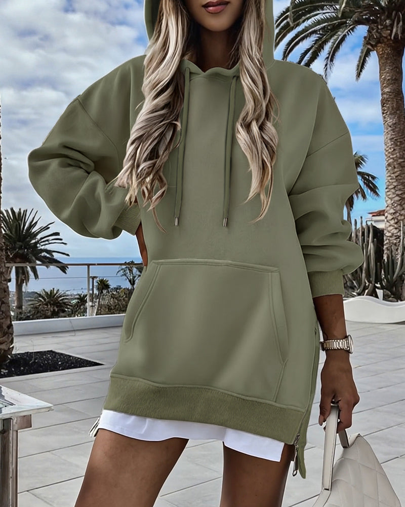Long Sleeve Kangaroo Pocket Design Zipper Side Pullover Sweatshirt Casual Faux Two Piece Side Slit Longline Drawstring Hoodie Top