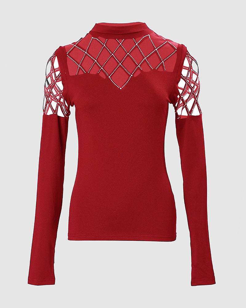 Rhinestone Hollow Out Cold Shoulder Long Sleeve Top Casual Tee