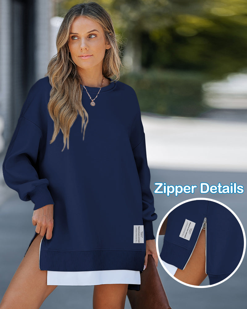 Letter Patch Detail Long Sleeve Drop Shoulder Pullover Sweatshirt Casual Zipper Side Slit Top