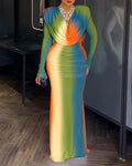Abendkleid mit Batikmuster, Wasserfallausschnitt, langen Ärmeln, rückenfreiem Design, figurbetontem Schnitt, Reißverschluss am Rücken und gerafftem Meerjungfrauensaum