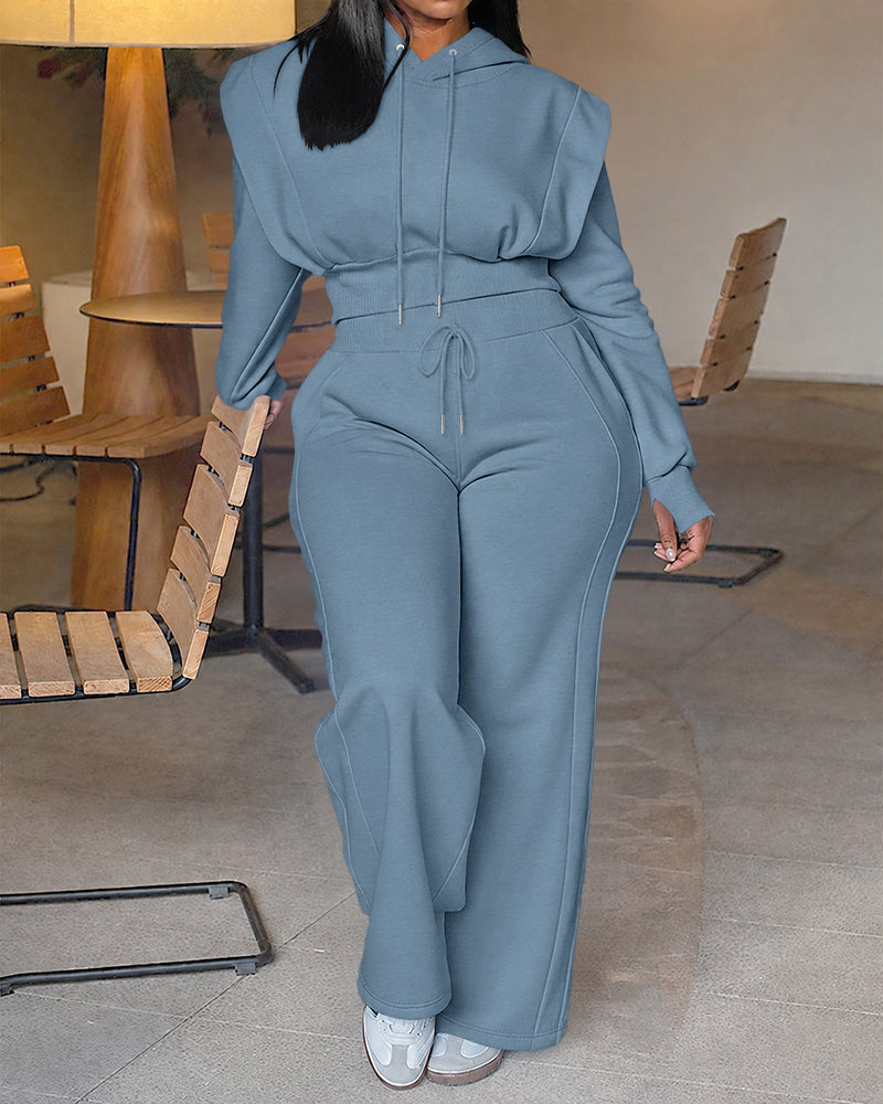 2 Pieces Outfit Long Sleeve Crop Drawstring Hoodie Sweatshirt with Thumb Hole Cuffs and Casual Drawstring Elastic Waist Wide Leg Sweatpants Set