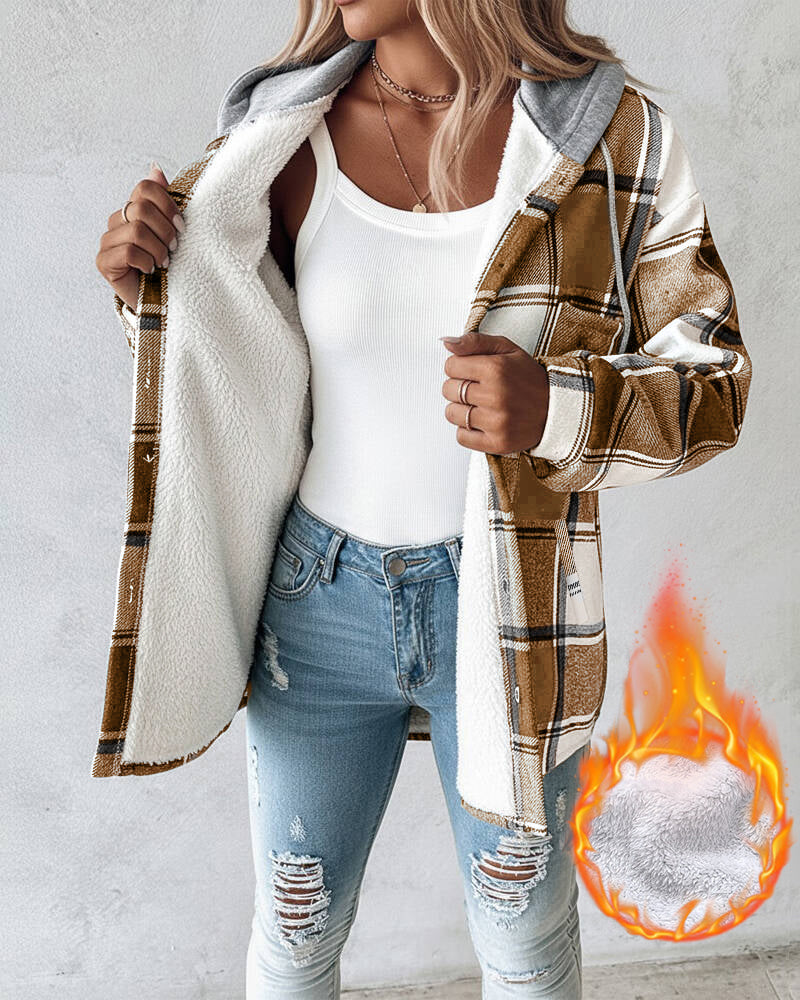 Karierte Langarm-Hemdjacke mit Knopfleiste, fleecegefütterte Kapuzenjacke, warmer Mantel