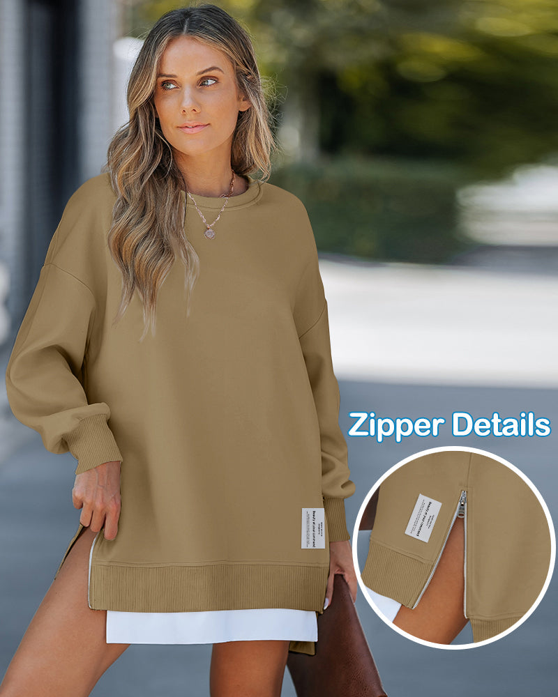 Letter Patch Detail Long Sleeve Drop Shoulder Pullover Sweatshirt Casual Zipper Side Slit Top
