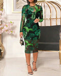 Damen 2-teiliges Set: Palmblatt-Print Mesh-Midikleid, transparentes Bodycon-Kleid mit Strasssteinen und langem Ärmel sowie Unterkleid zum Schlüpfen