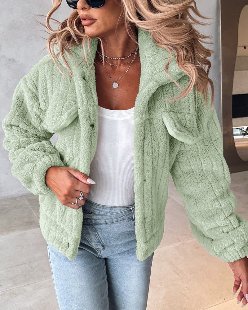 Textured Striped Turn-down Collar Button Front Elastic Cuff and Hem Teddy Fleece Jacket With Decorative Flap Pockets