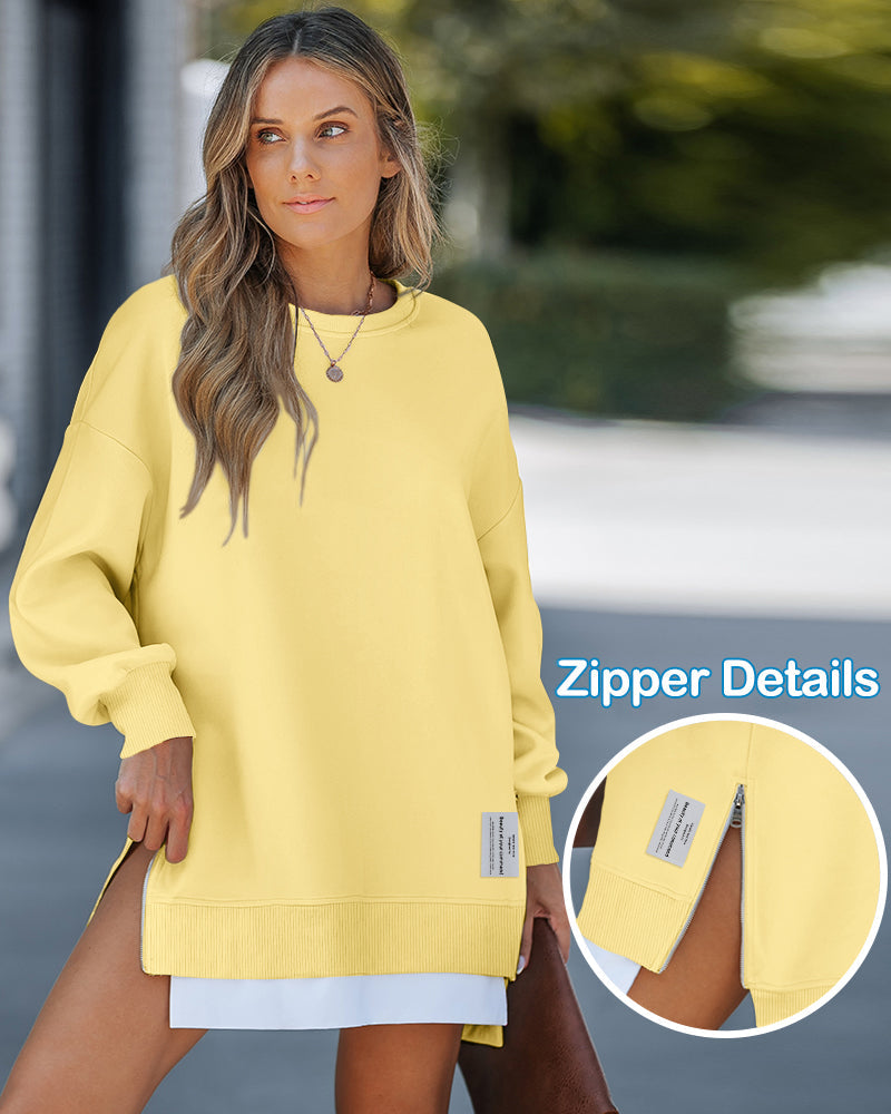 Letter Patch Detail Long Sleeve Drop Shoulder Pullover Sweatshirt Casual Zipper Side Slit Top