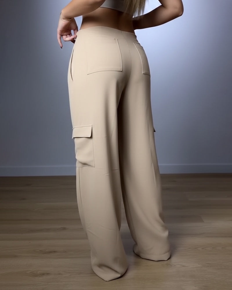 High-Waist-Hose mit Kordelzug, Bundfalten und weitem Bein, lässige Cargohose mit Pattentaschen