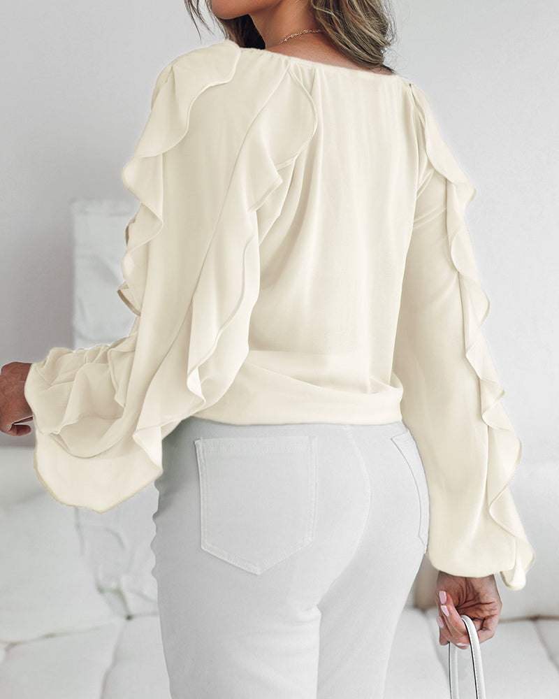 V Neck Shoulder Ruffles Design Blouse Casual Button Front Long Sleeve Top