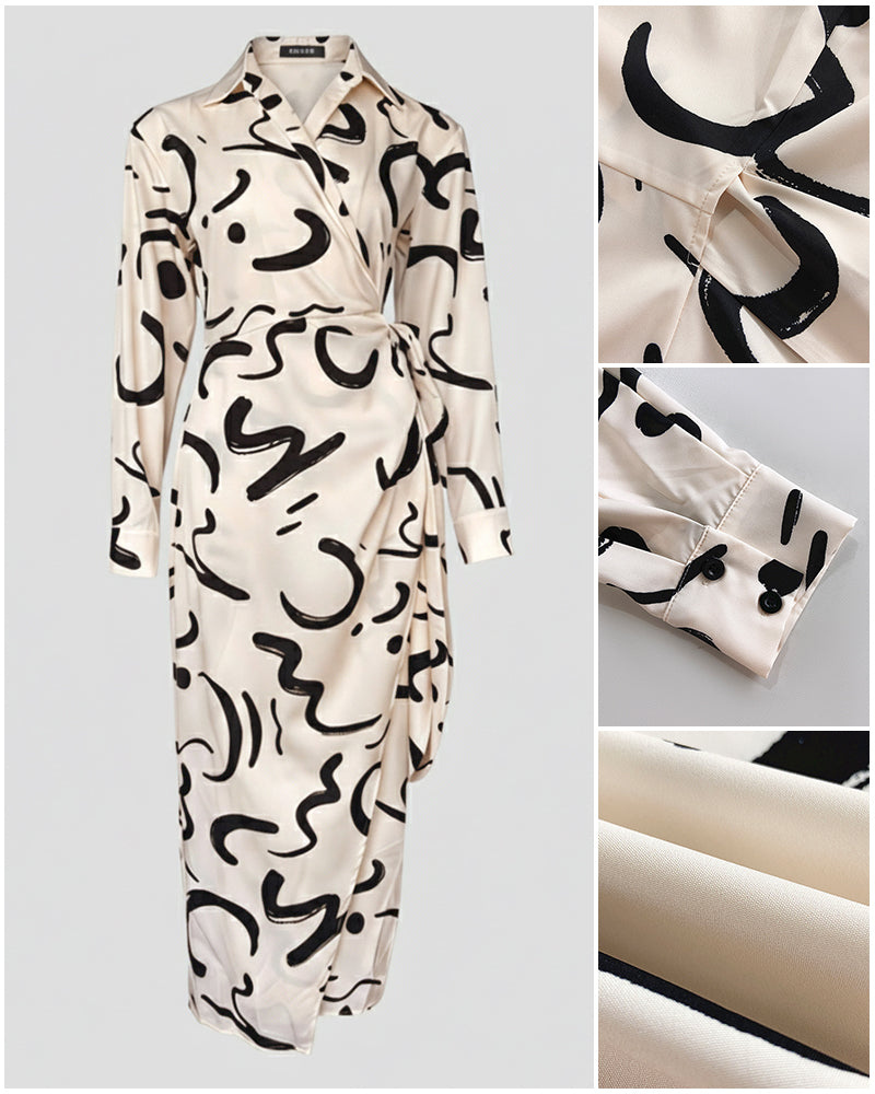 Abstract Print Turn-down Collar Tied Detail Ruched Dress Casual Wrap Front Vacation Dress