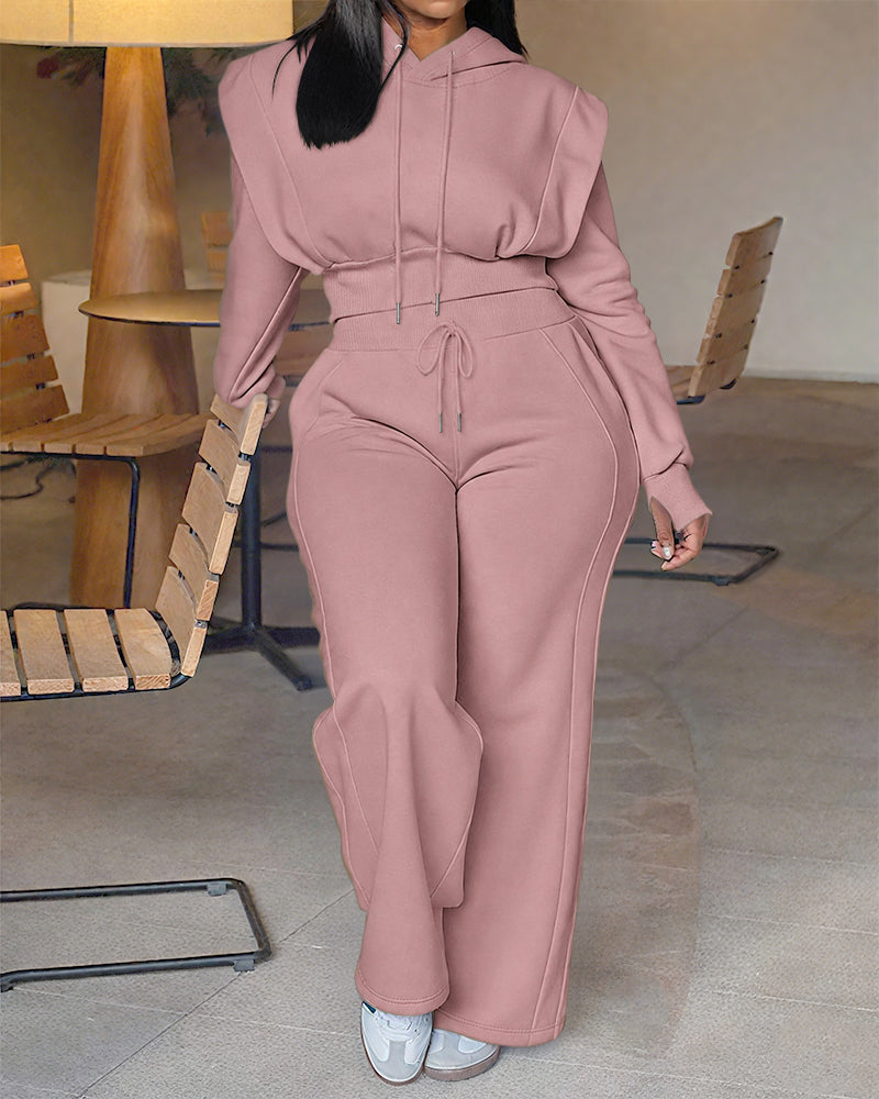 2 Pieces Outfit Long Sleeve Crop Drawstring Hoodie Sweatshirt with Thumb Hole Cuffs and Casual Drawstring Elastic Waist Wide Leg Sweatpants Set