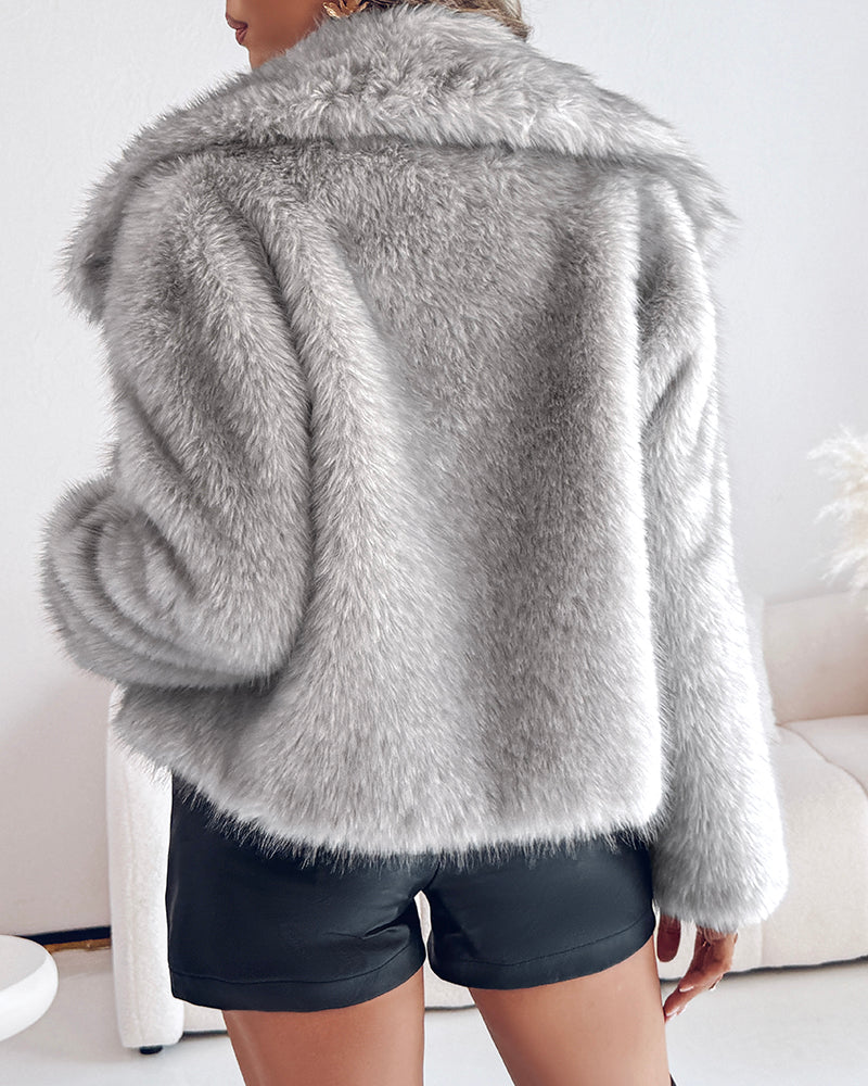 Turn-down Collar Long Sleeve Faux Fur Coat Jacket Casual Warm Fluffy Cropped Coat