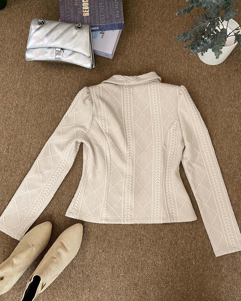 Damen-Kurzjacke mit Schalkragen, Argyle-Zopfmuster, strukturierter Slim-Fit-Blazer, elegante einreihige Business-Oberbekleidung