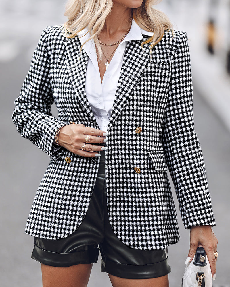 Zweireihiger Blazer mit Hahnentrittmuster und Gürtel