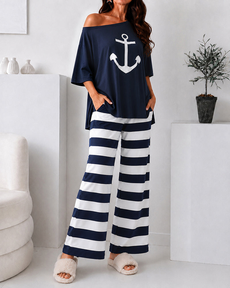Loungewear-Set für Damen mit Anker-Print, Oberteil mit Seitenschlitz und gestreifter Hose mit geradem Bein, legeres Pyjama-Set mit Taschen