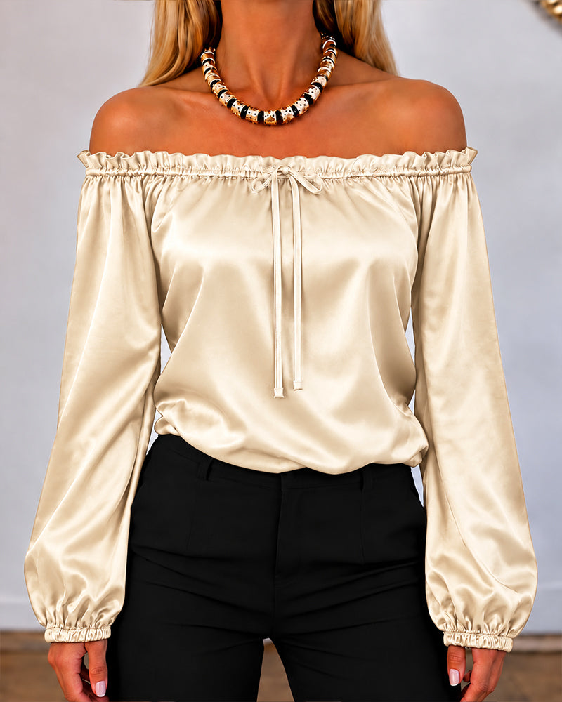 Women's Off Shoulder Satin Frill Trim Tie Front Lantern Sleeve Top